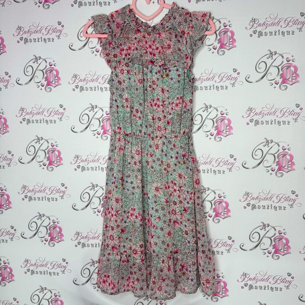 Monteau dress floral ruffle frilly blue white pink brown keyhole opening on back